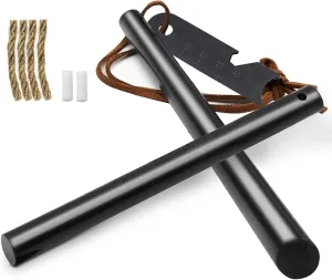Fire Starter Survival Tool, Ferro Rod Kit with Leather Neck Lanyard and Multi-Tool Striker, Flint and Steel Survival Igniter with Tinder Rope and Tab for Camping, Hiking and Emergency