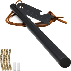 Fire Starter Survival Tool, Ferro Rod Kit with Leather Neck Lanyard and Multi-Tool Striker, Flint and Steel Survival Igniter with Tinder Rope and Tab for Camping, Hiking and Emergency