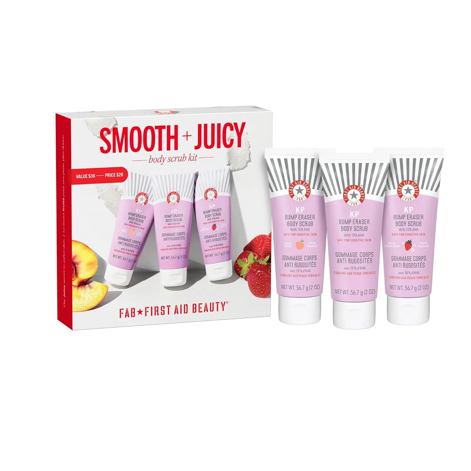First Aid Beauty Smooth   Juicy Body Scrub Kit: KP Bump Eraser Body Scrub with 10% AHA, Daily Exfoliation Keratosis Pilaris Set to Help Reduce Chicken Skin Bumps; Strawberry, Peach, & Original (2 oz)