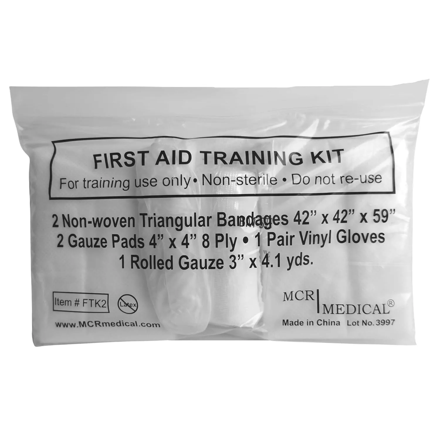 First Aid Training Kit w/Roller Gauze w. Gauze Pads and Triangular Bandages and Gloves 100-Pack MCR Medical