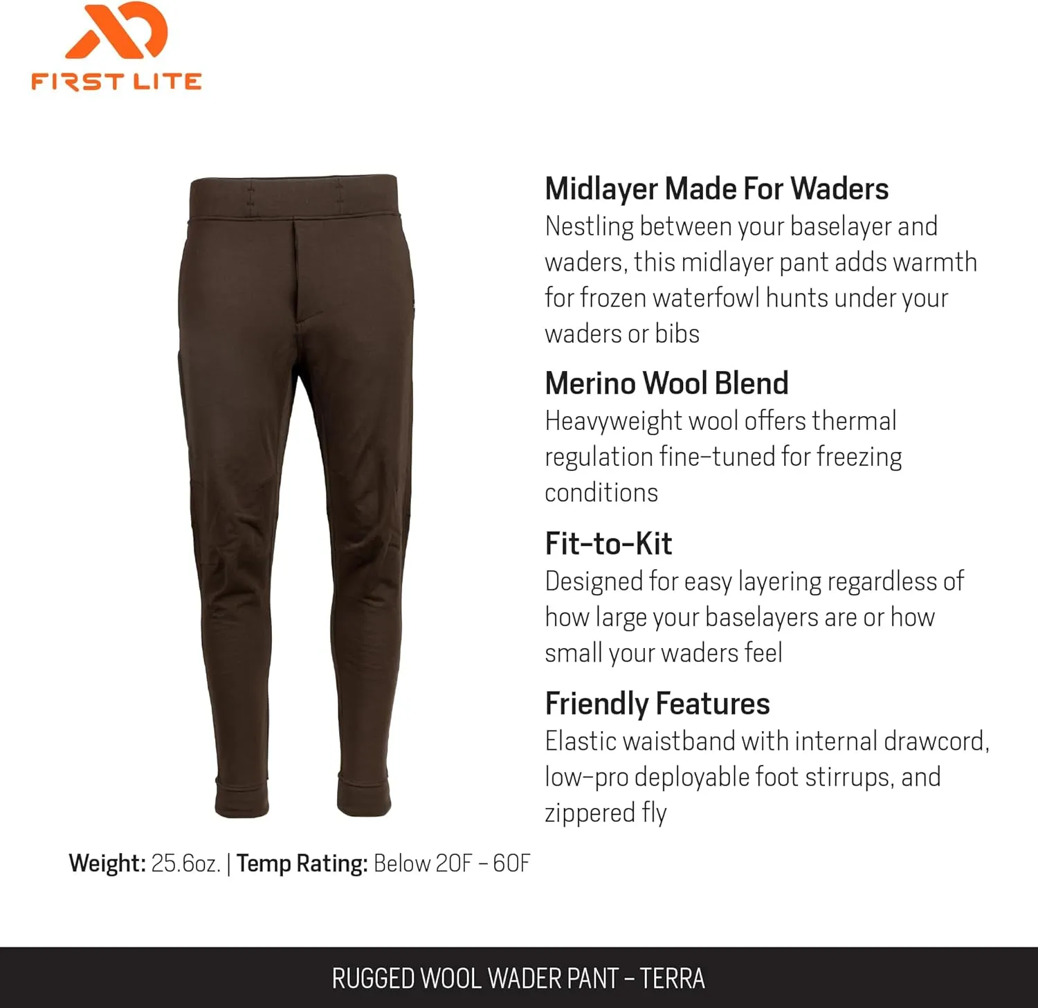First Lite Men's Rugged Wool Wader Pant - Durable Merino Wool Hunting Midlayer Pants