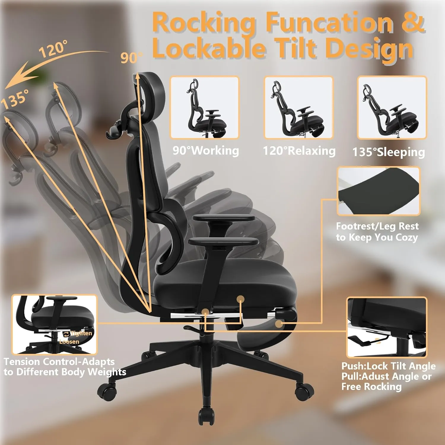 FLEXISPOT Big and Tall Mesh Office Chair, Computer Desk Chair Adjustable Swivel Chair with Footrest Lumbar Support Headrest and 360°Rotation for Home Office, Black Mesh 1