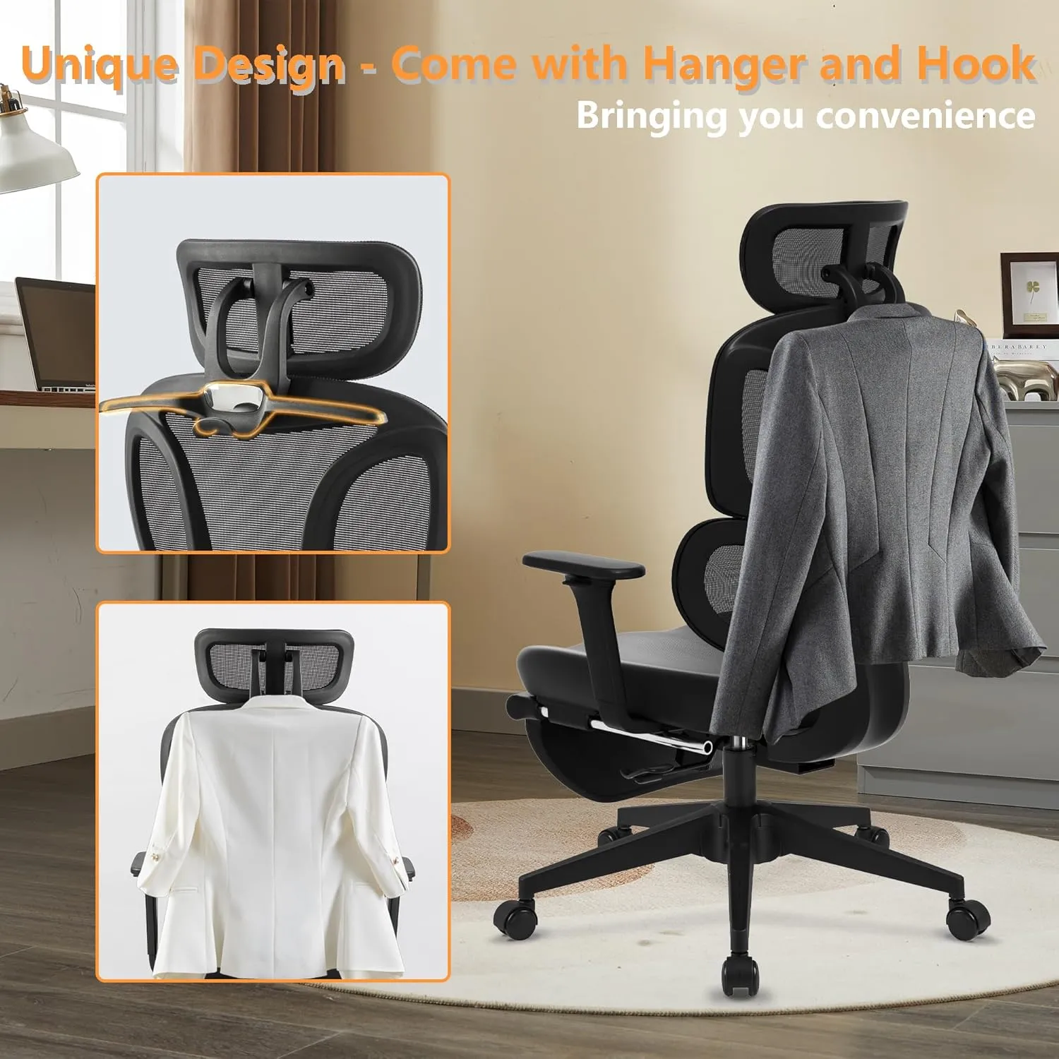 FLEXISPOT Big and Tall Mesh Office Chair, Computer Desk Chair Adjustable Swivel Chair with Footrest Lumbar Support Headrest and 360°Rotation for Home Office, Black Mesh 1