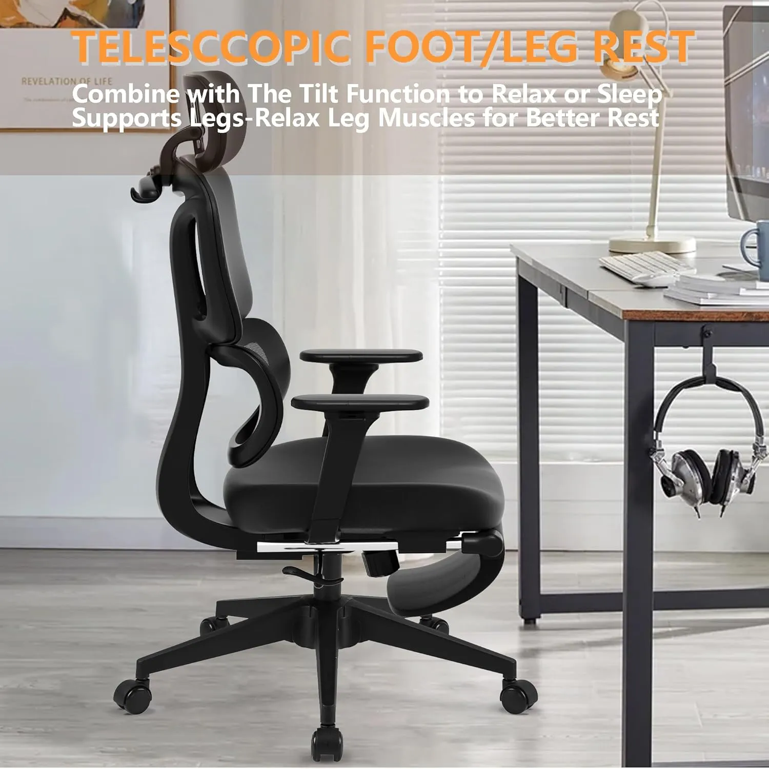 FLEXISPOT Big and Tall Mesh Office Chair, Computer Desk Chair Adjustable Swivel Chair with Footrest Lumbar Support Headrest and 360°Rotation for Home Office, Black Mesh 1