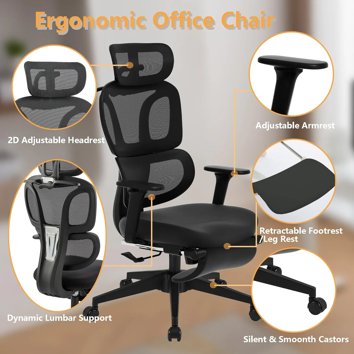 FLEXISPOT Big and Tall Mesh Office Chair, Computer Desk Chair Adjustable Swivel Chair with Footrest Lumbar Support Headrest and 360°Rotation for Home Office, Black Mesh 1
