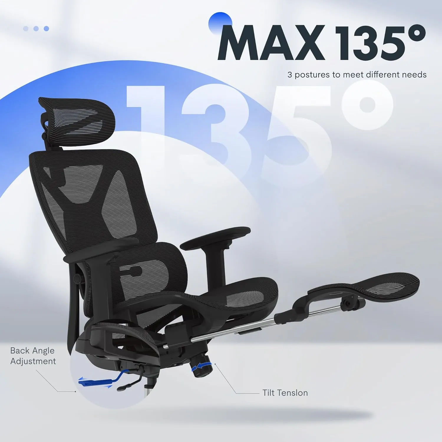 FLEXISPOT ErgoX Premium Ergonomic Office Chair with Footrest- Adjustable 3D Armrests, Dynamic Lumbar Support, Recline & Tilt Function, Mesh Seat, for Home & Office Use,Black
