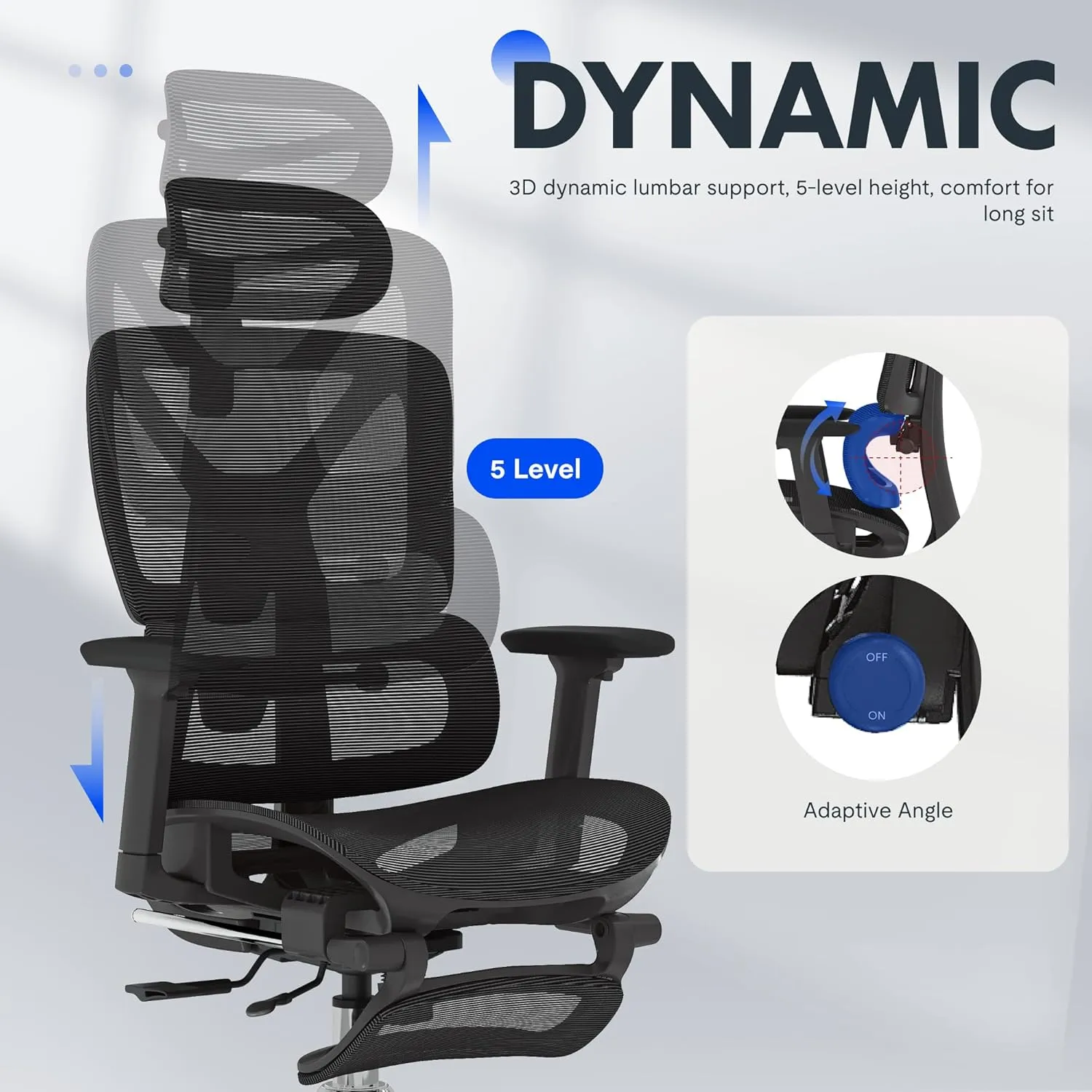 FLEXISPOT ErgoX Premium Ergonomic Office Chair with Footrest- Adjustable 3D Armrests, Dynamic Lumbar Support, Recline & Tilt Function, Mesh Seat, for Home & Office Use,Black