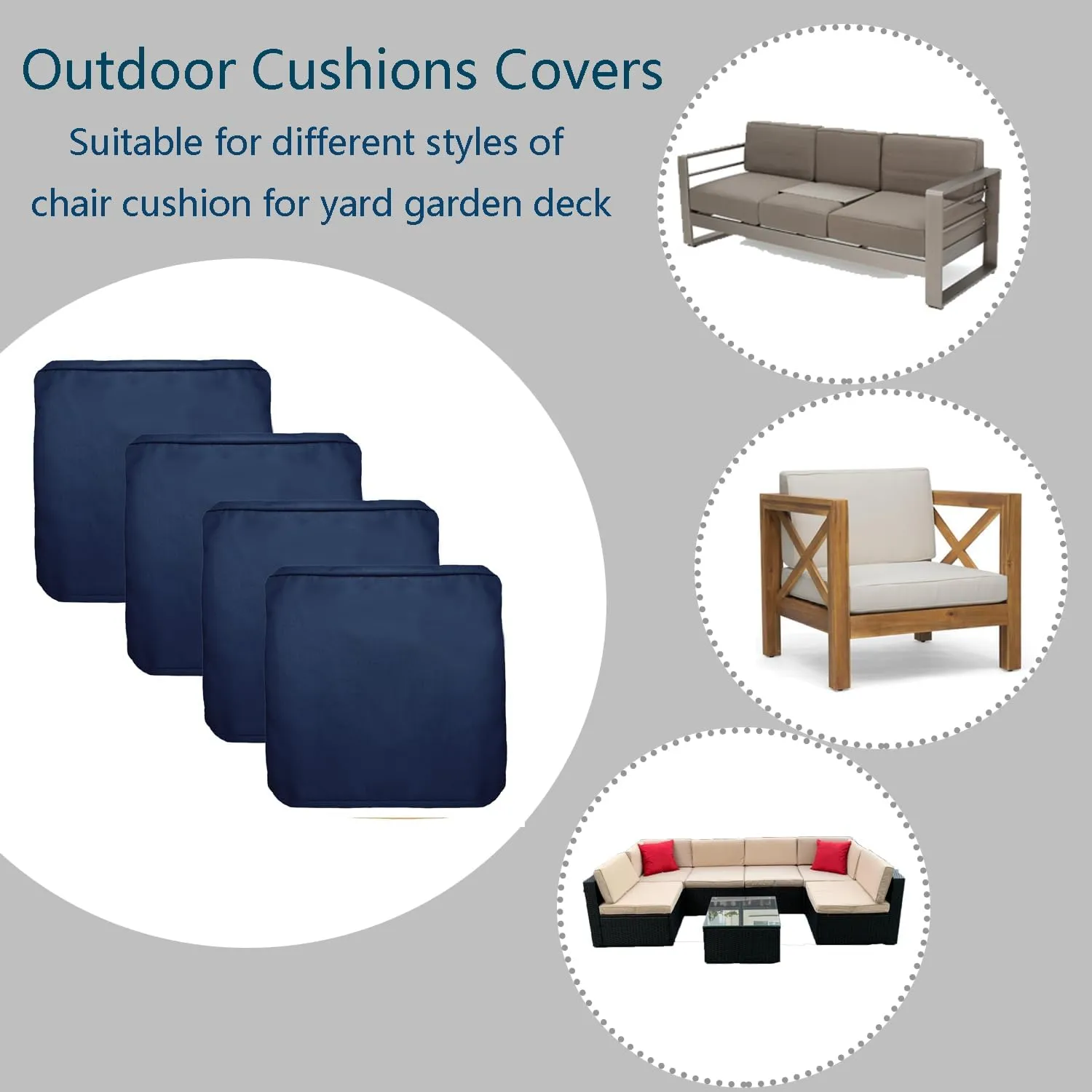 FLYMEI Patio Cushion Covers 24x24x4 Waterproof Outdoor Cushion Cover Replacement 4Packs Outdoor Seat Cushion Slipcover for Rattan Chair Sofa, Blue