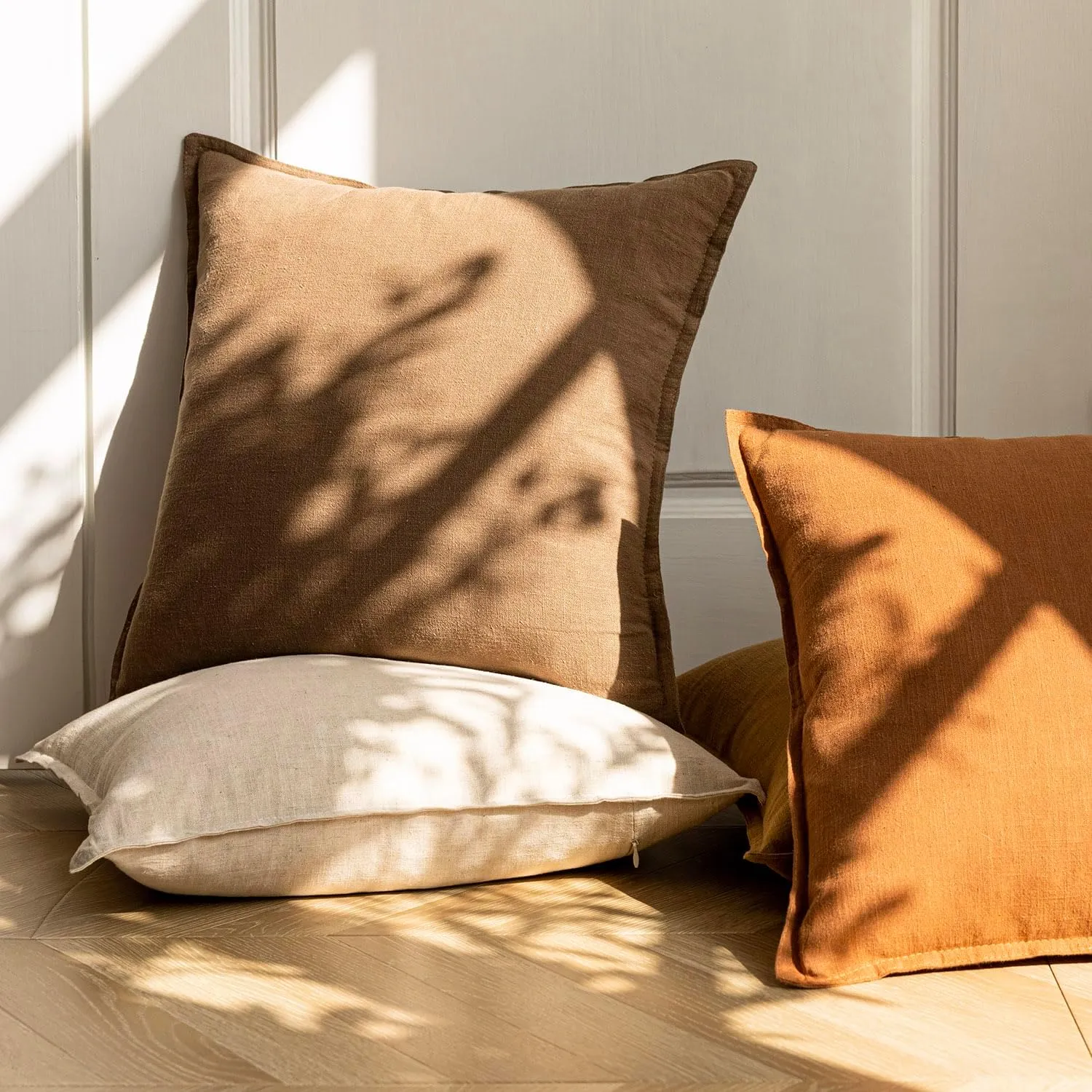 Foindtower Pack of 2, Decorative Linen Soild Throw Pillow Covers Soft Accent Cushion Case Boho Farmhouse Neutral Pillowcase for Chair Couch Sofa Bedroom Living Room Home Decor 16 x 16 Inch Light Brown