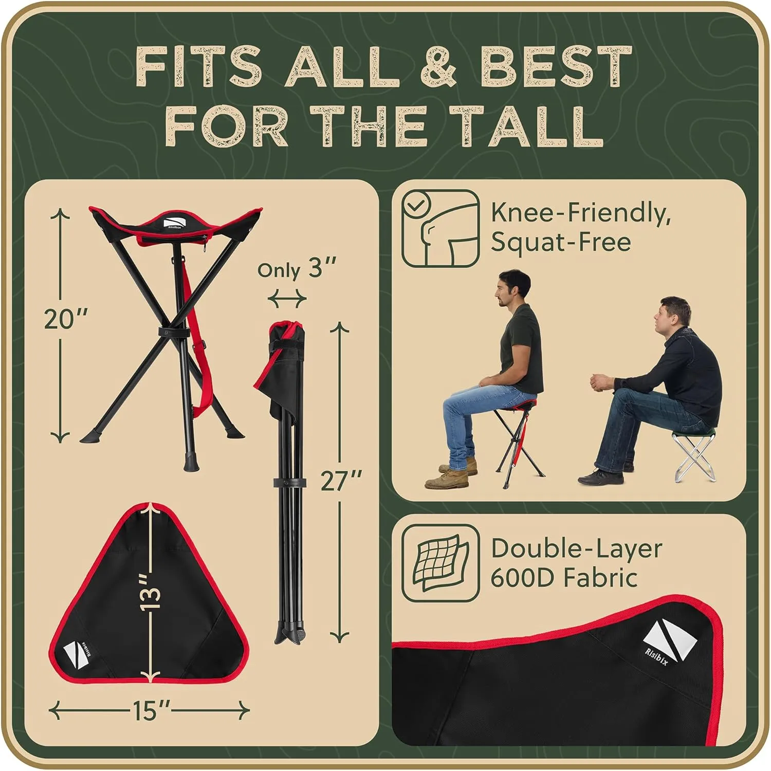 Foldable Tripod Stool - Ultra Portable Seat for Tall People, 20” High - Hunting Chair & Hidden Zippered Pocket - 2 lb Camping Stool, 3 Legged Strong Steel Stool Holds up to 200 lb (Black/Red)