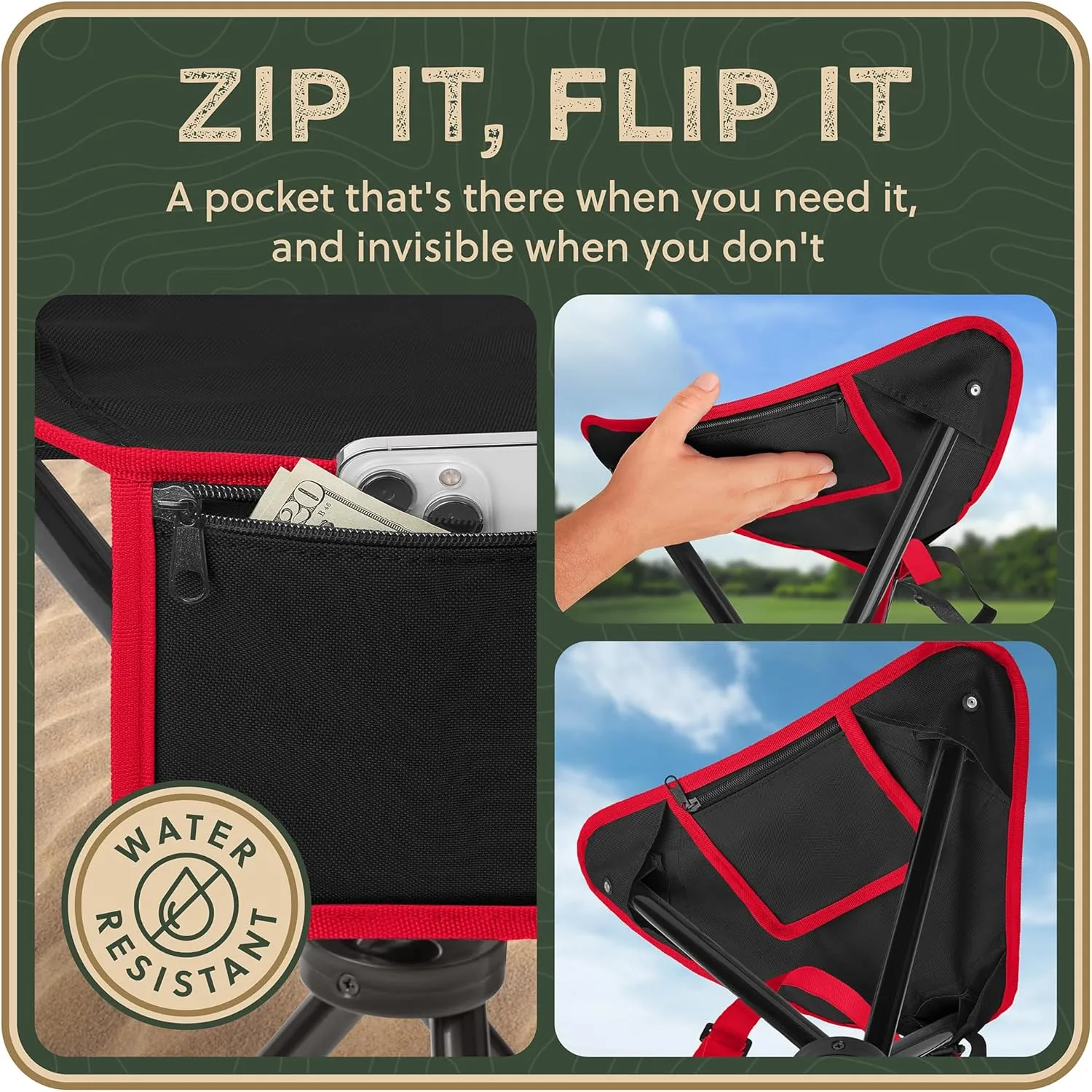 Foldable Tripod Stool - Ultra Portable Seat for Tall People, 20” High - Hunting Chair & Hidden Zippered Pocket - 2 lb Camping Stool, 3 Legged Strong Steel Stool Holds up to 200 lb (Black/Red)