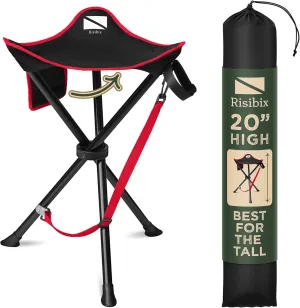 Foldable Tripod Stool - Ultra Portable Seat for Tall People, 20” High - Hunting Chair & Hidden Zippered Pocket - 2 lb Camping Stool, 3 Legged Strong Steel Stool Holds up to 200 lb (Black/Red)