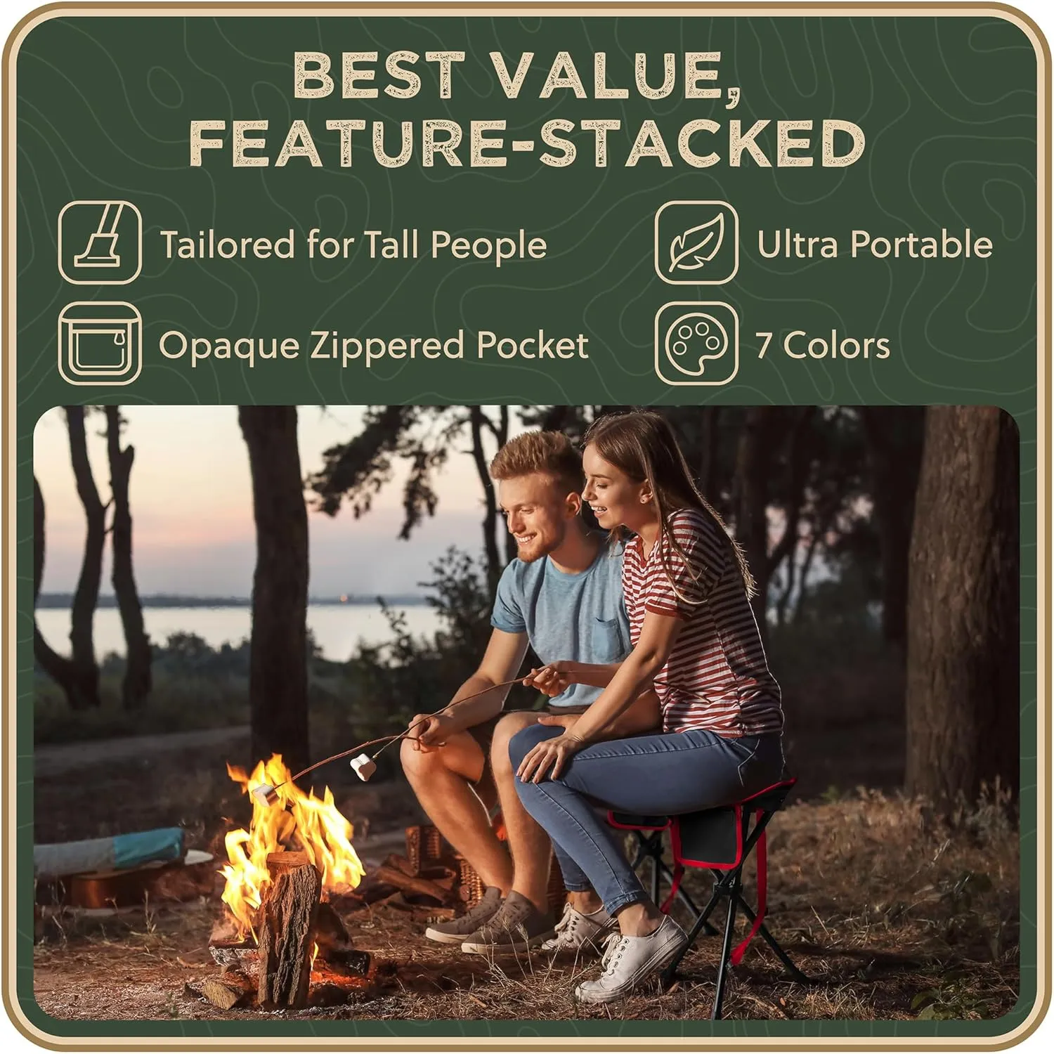 Foldable Tripod Stool - Ultra Portable Seat for Tall People, 20” High - Hunting Chair & Hidden Zippered Pocket - 2 lb Camping Stool, 3 Legged Strong Steel Stool Holds up to 200 lb (Black/Red)
