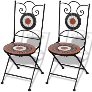 Folding Bistro Chairs 2-Pack Ceramic Terracotta and White Outdoor Patio Furniture with Iron Frame for Garden, Balcony, Poolside