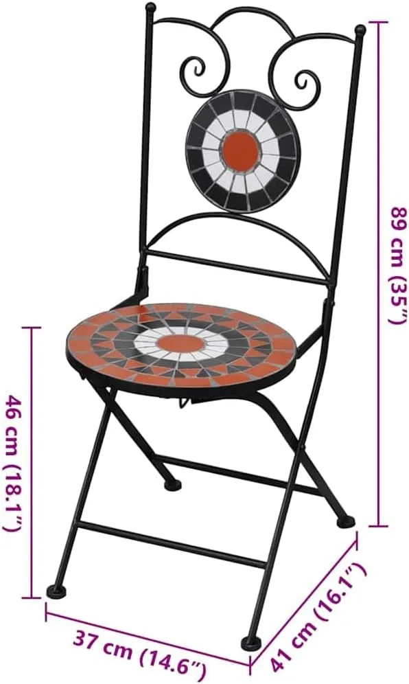 Folding Bistro Chairs 2-Pack Ceramic Terracotta and White Outdoor Patio Furniture with Iron Frame for Garden, Balcony, Poolside