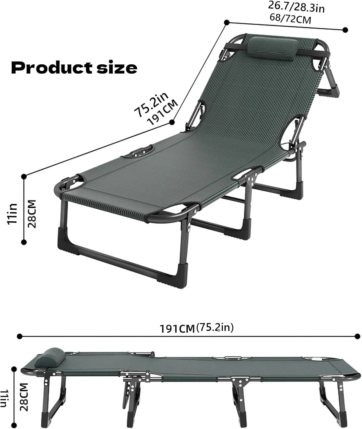 Folding Camping Cot 4-Angle Adjustable Portable Outdoor Sleeping Bed with Mattress Steel Frame Lounge Chair for Living Room Office Hospital(191x72x28cm)