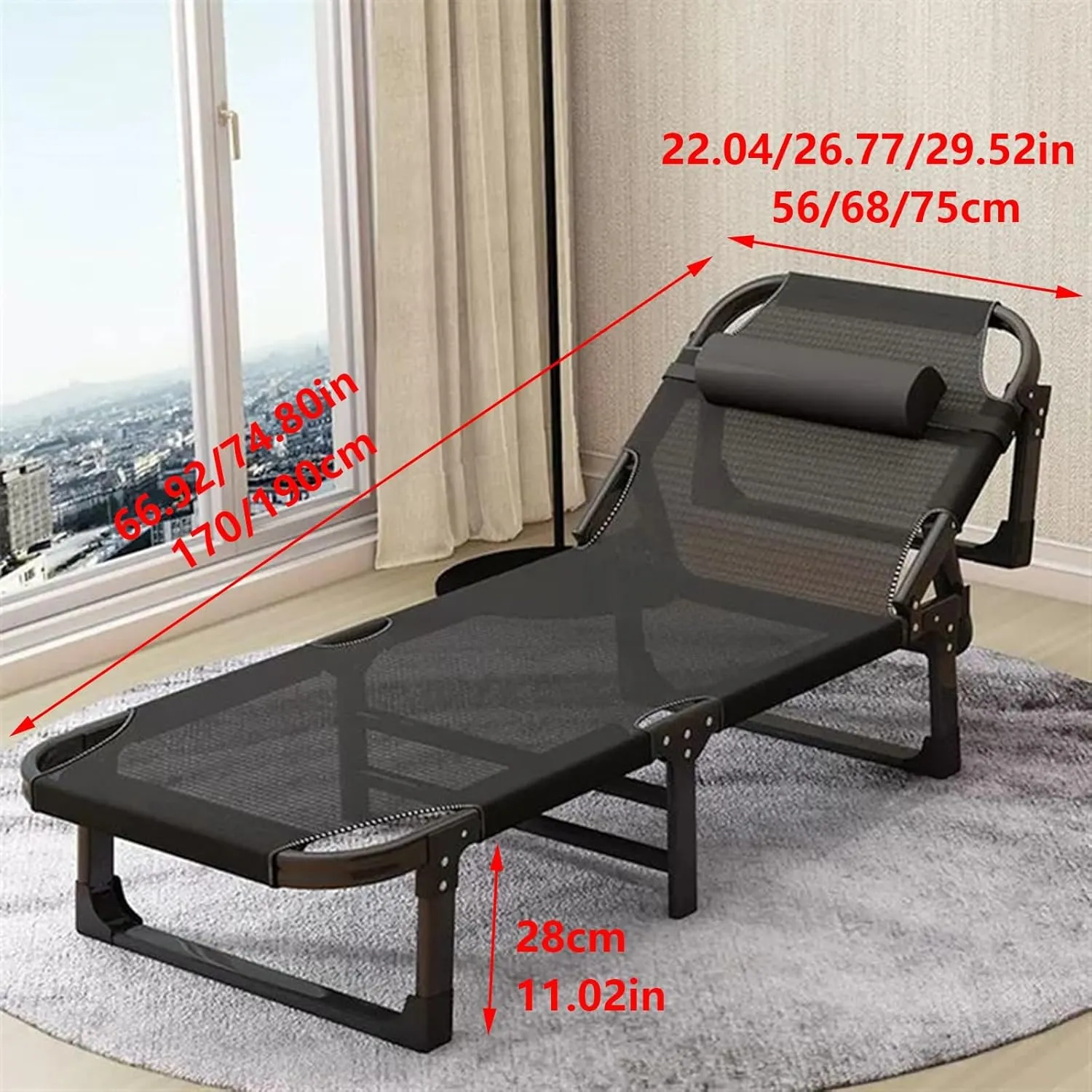 Folding Guest Chaise Lounge Bed, Breathable Polyester Mesh with Pillow, Portable Ergonomic Recliner Chair, No Assembly, for Home Office, Outdoor Camping(190 * 68 * 28cm)