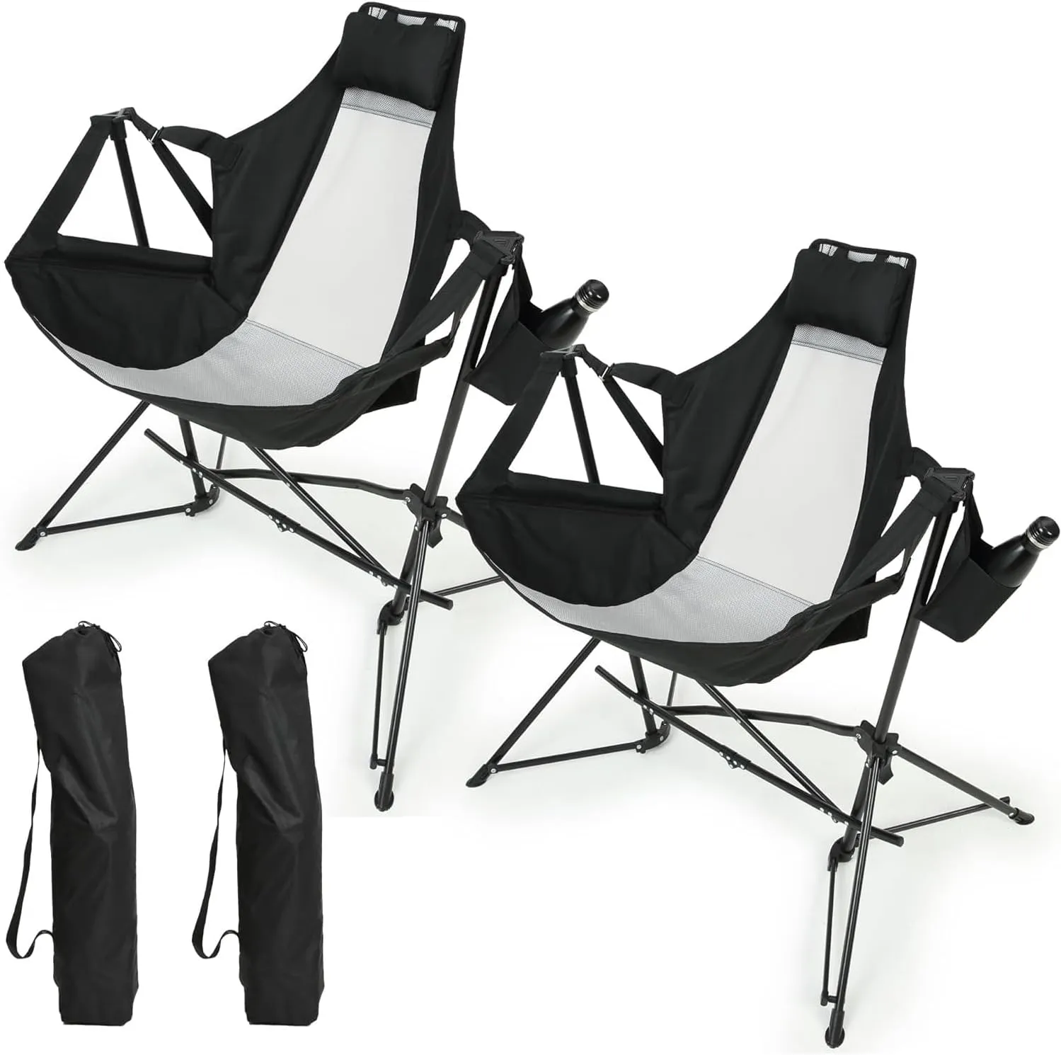 Folding Portable Hammock Camping Chair, Adjustable Backrest & Cup Holder, Sturdy Steel Frame, Recliner with Carry Bag, Black