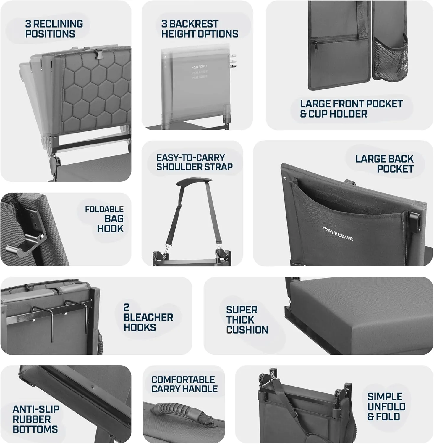 Folding Reclining Stadium Seats with Back Support for Bleachers, Bleacher Chairs with Back and Cushion Seating for Football, Camping Chair, Kayak Seat, Canoe, Paddle Board, Concerts, & Sports Events