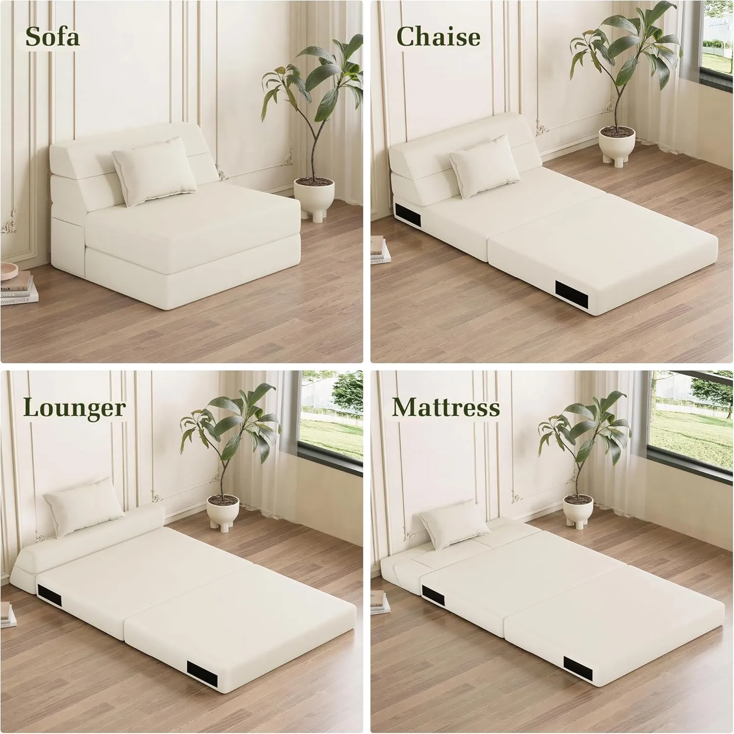 Folding Sofa Bed Convertible Sleeper Chair with Pillow Fold Out Couch Memory Foam Floor Mattress Portable Futon Sofa Bed Lazy Sofa for Living Room/Dorm/Guest Room/Home Office, Single, Off White
