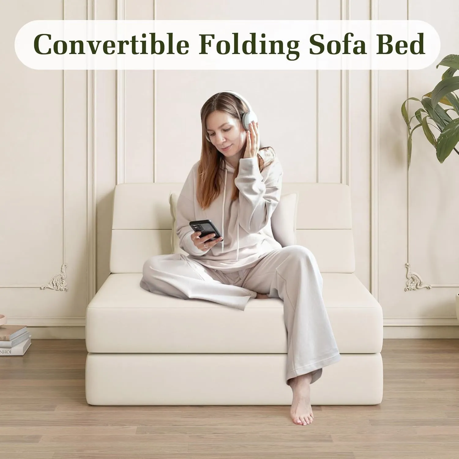 Folding Sofa Bed Convertible Sleeper Chair with Pillow Fold Out Couch Memory Foam Floor Mattress Portable Futon Sofa Bed Lazy Sofa for Living Room/Dorm/Guest Room/Home Office, Single, Off White