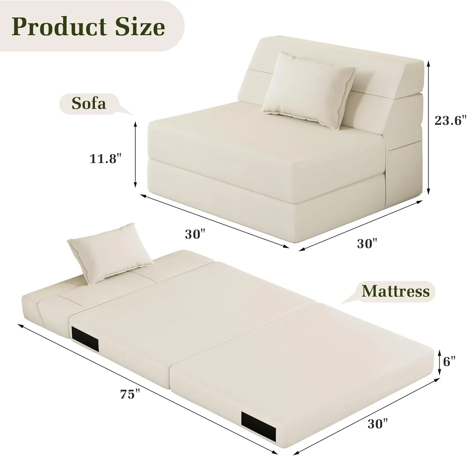 Folding Sofa Bed Convertible Sleeper Chair with Pillow Fold Out Couch Memory Foam Floor Mattress Portable Futon Sofa Bed Lazy Sofa for Living Room/Dorm/Guest Room/Home Office, Single, Off White