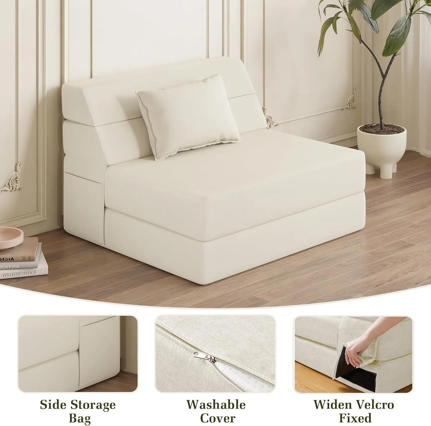 Folding Sofa Bed Convertible Sleeper Chair with Pillow Fold Out Couch Memory Foam Floor Mattress Portable Futon Sofa Bed Lazy Sofa for Living Room/Dorm/Guest Room/Home Office, Single, Off White