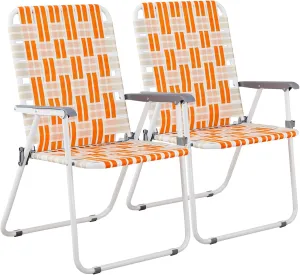 Folding Webbed Oversized Lawn Chairs Set of 2, 260 LBS High Beach Chair for Adults Heavy Duty, Portable Patio Chair for Yard, Garden (Orange)