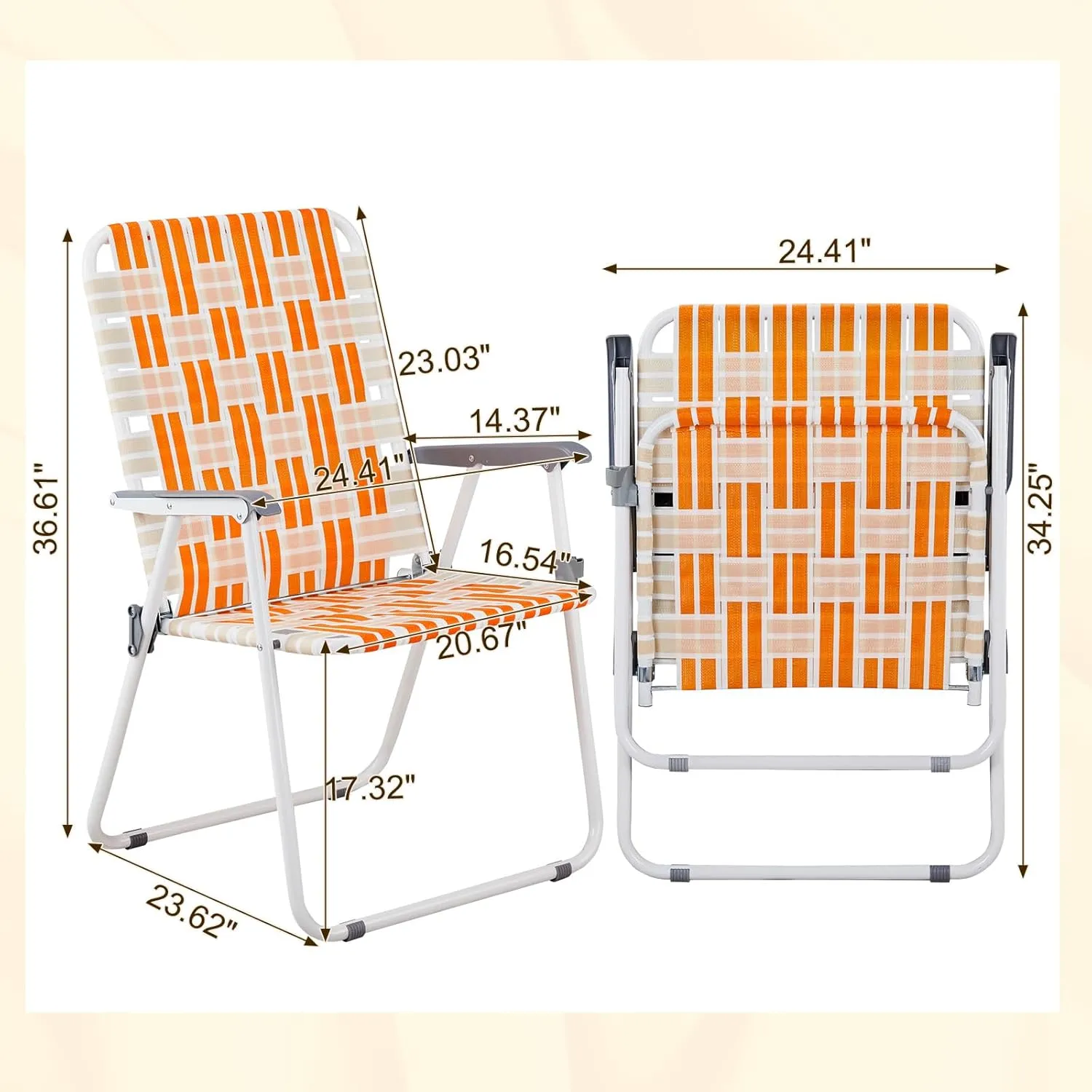 Folding Webbed Oversized Lawn Chairs Set of 2, 260 LBS High Beach Chair for Adults Heavy Duty, Portable Patio Chair for Yard, Garden (Orange)