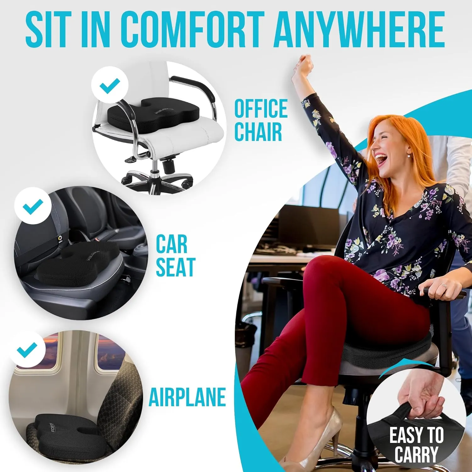 FORTEM Office Chair Cushion, Memory Foam Seat Cushion, Non Slip Sitting Pillow for Gaming, Car Seat, Computer Chair Pad, Sciatica and Tailbone Support, Washable Cover, XL