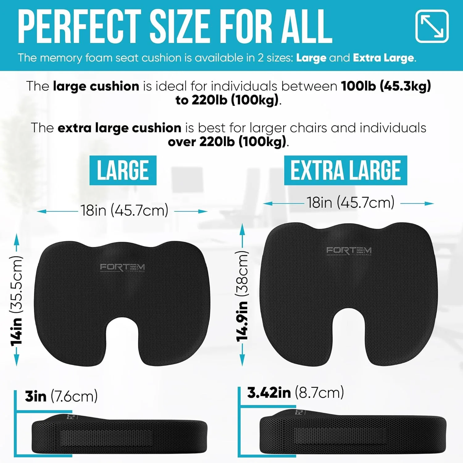 FORTEM Office Chair Cushion, Memory Foam Seat Cushion, Non Slip Sitting Pillow for Gaming, Car Seat, Computer Chair Pad, Sciatica and Tailbone Support, Washable Cover, XL