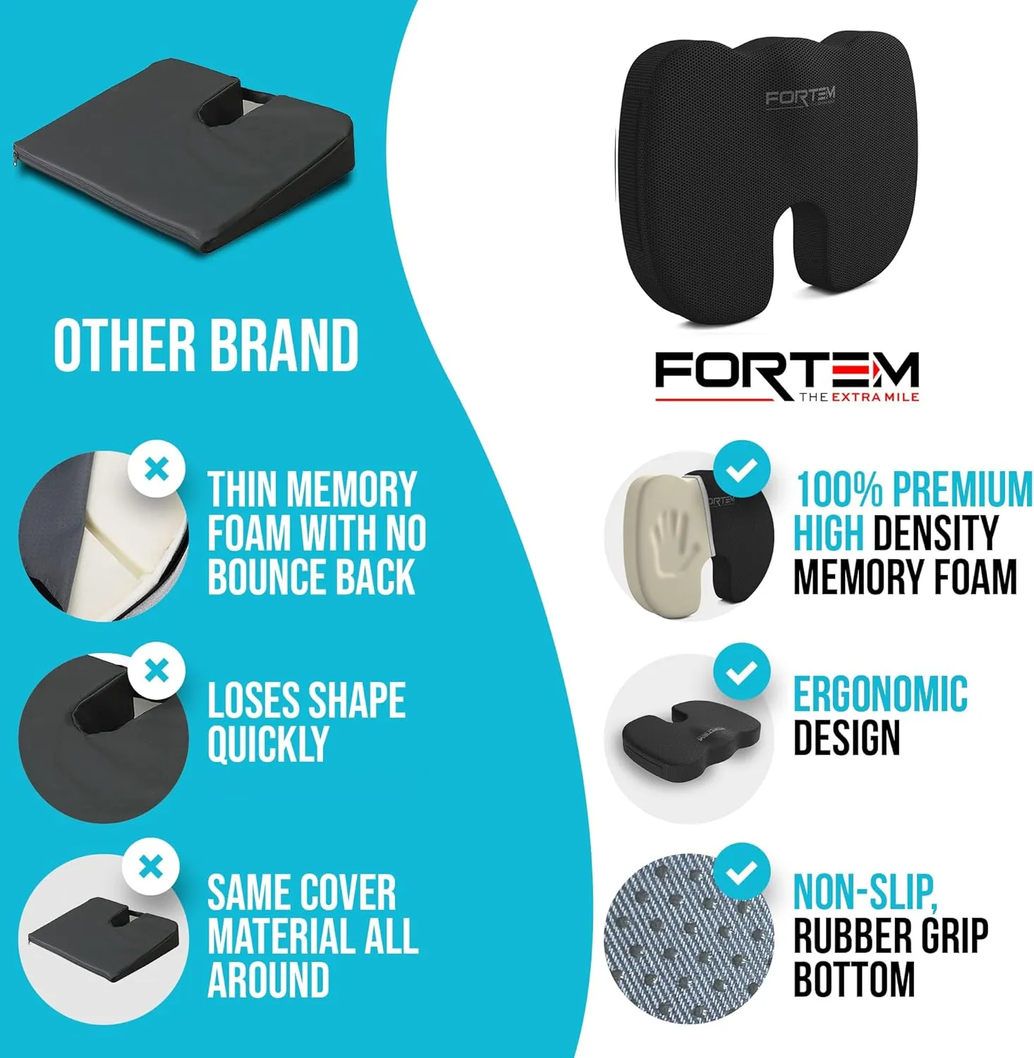 FORTEM Office Chair Cushion, Memory Foam Seat Cushion, Non Slip Sitting Pillow for Gaming, Car Seat, Computer Chair Pad, Sciatica and Tailbone Support, Washable Cover, XL