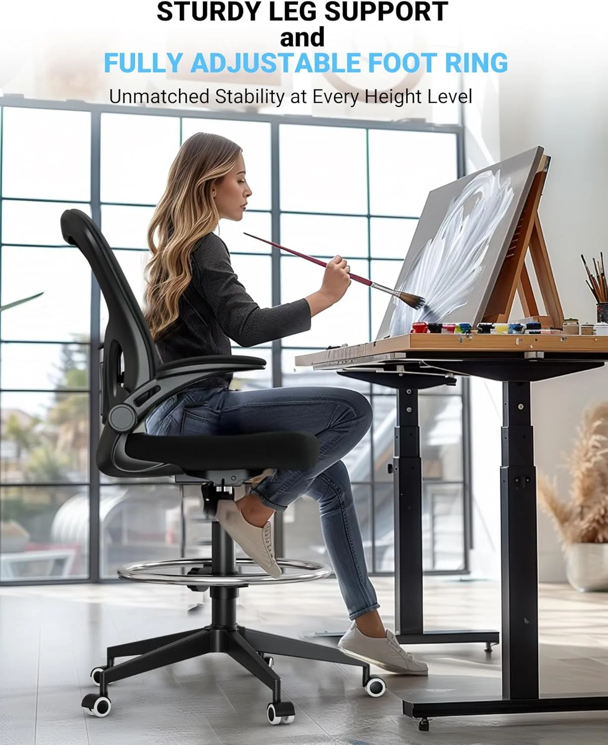 Frylr Office Drafting-Chairs Adjustable Height - Extended Height Office Chairs with Ergonomic Lumbar Support, Tall Desk Chair for Standing Desk, Counter Height Chair with 300 LB Capacity, Black
