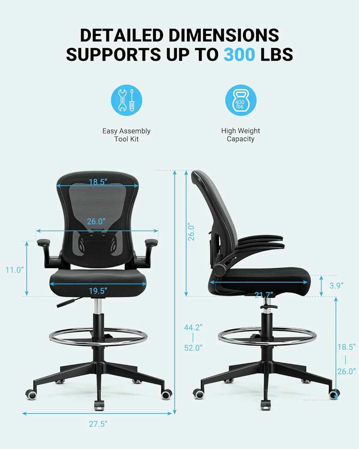 Frylr Office Drafting-Chairs Adjustable Height - Extended Height Office Chairs with Ergonomic Lumbar Support, Tall Desk Chair for Standing Desk, Counter Height Chair with 300 LB Capacity, Black