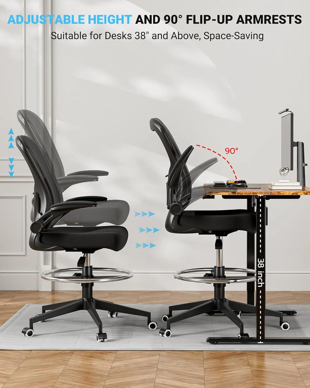 Frylr Office Drafting-Chairs Adjustable Height - Extended Height Office Chairs with Ergonomic Lumbar Support, Tall Desk Chair for Standing Desk, Counter Height Chair with 300 LB Capacity, Black