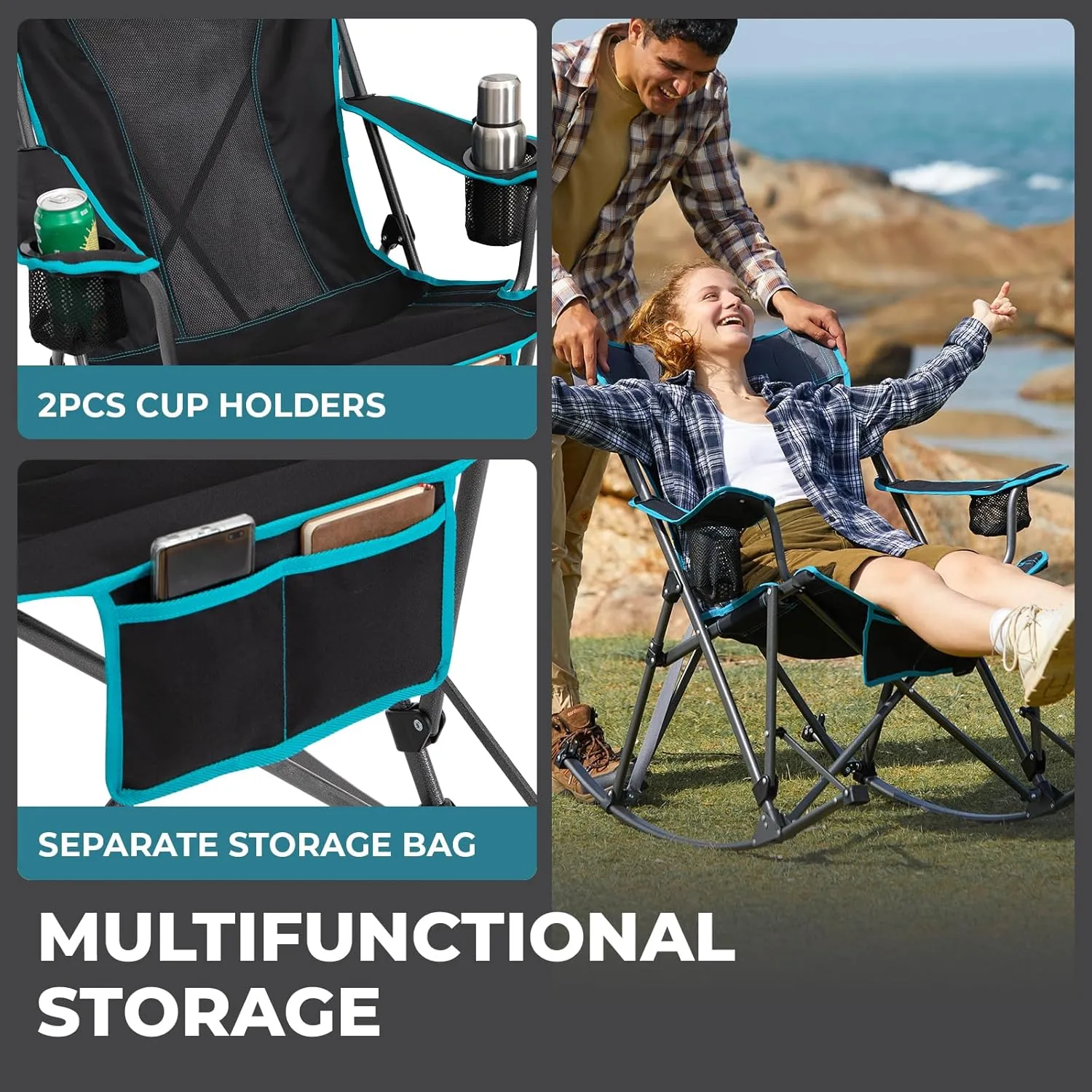 FUNDANGO Rocking Camping Chair, 2 Pack High Mesh Back Portable Folding Camp Chairs with Pillows, Cup Holder and Carry Bag for Lawn Patio Garden Outdoor Supports 300 Lbs (Black/Blue)