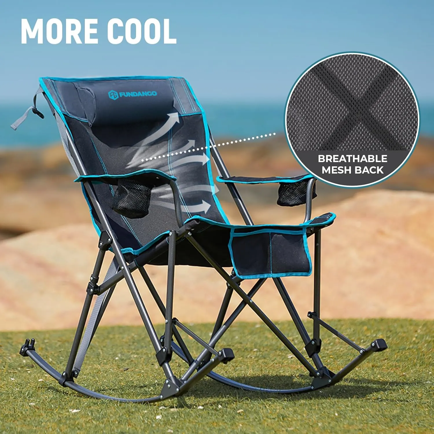 FUNDANGO Rocking Camping Chair, 2 Pack High Mesh Back Portable Folding Camp Chairs with Pillows, Cup Holder and Carry Bag for Lawn Patio Garden Outdoor Supports 300 Lbs (Black/Blue)