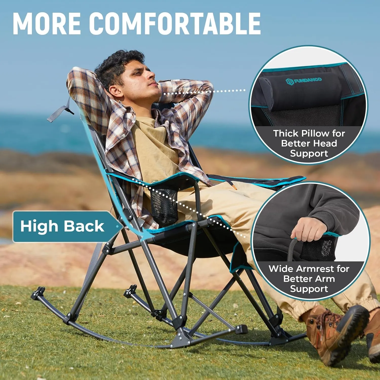 FUNDANGO Rocking Camping Chair, 2 Pack High Mesh Back Portable Folding Camp Chairs with Pillows, Cup Holder and Carry Bag for Lawn Patio Garden Outdoor Supports 300 Lbs (Black/Blue)