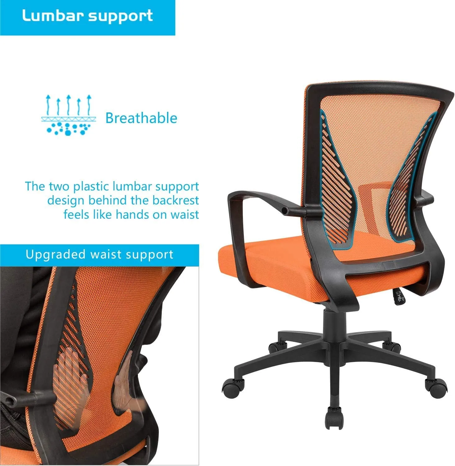 Furmax Office Chair Ergonomic Computer Desk Mesh Chair Mid Back Swivel Lumbar Support with Armrest (1, Orange)