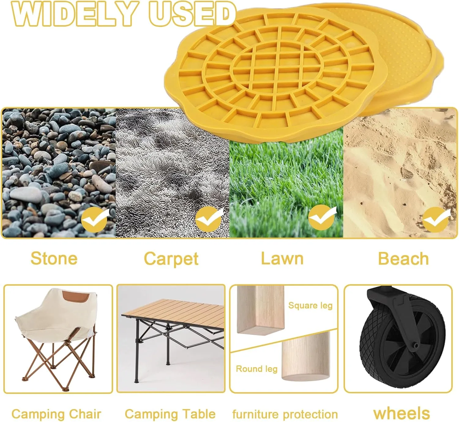 Furniture Pads for Camping Chairs Anti-Sinking Outdoor Furniture Cups Chair Leg Protectors for Sand, Lawn or Soft Ground (8, Yellow, 5.35 in)