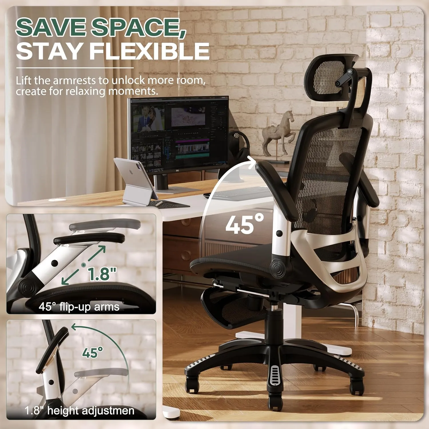 GABRYLLY Ergonomic Office Chair with Footrest, High Back Home Desk Chair - 3D Headrest, Flip-Up Arms, 135° Tilt and Wide Cushion, Heavy Duty Mesh Chairs for Task Computer Gaming,GYB01-FT