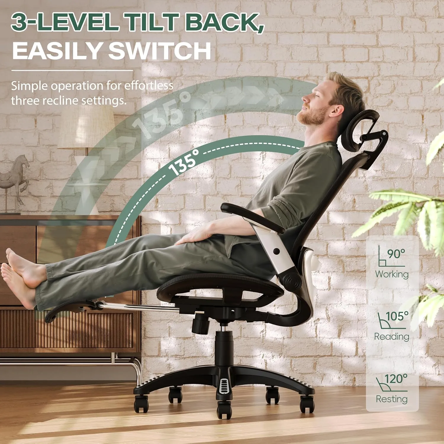 GABRYLLY Ergonomic Office Chair with Footrest, High Back Home Desk Chair - 3D Headrest, Flip-Up Arms, 135° Tilt and Wide Cushion, Heavy Duty Mesh Chairs for Task Computer Gaming,GYB01-FT