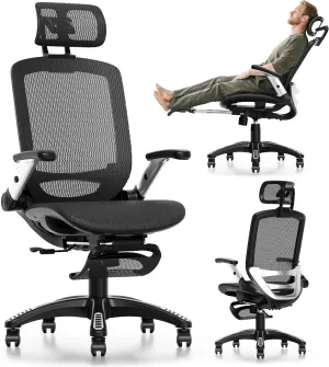 GABRYLLY Ergonomic Office Chair with Footrest, High Back Home Desk Chair - 3D Headrest, Flip-Up Arms, 135° Tilt and Wide Cushion, Heavy Duty Mesh Chairs for Task Computer Gaming,GYB01-FT