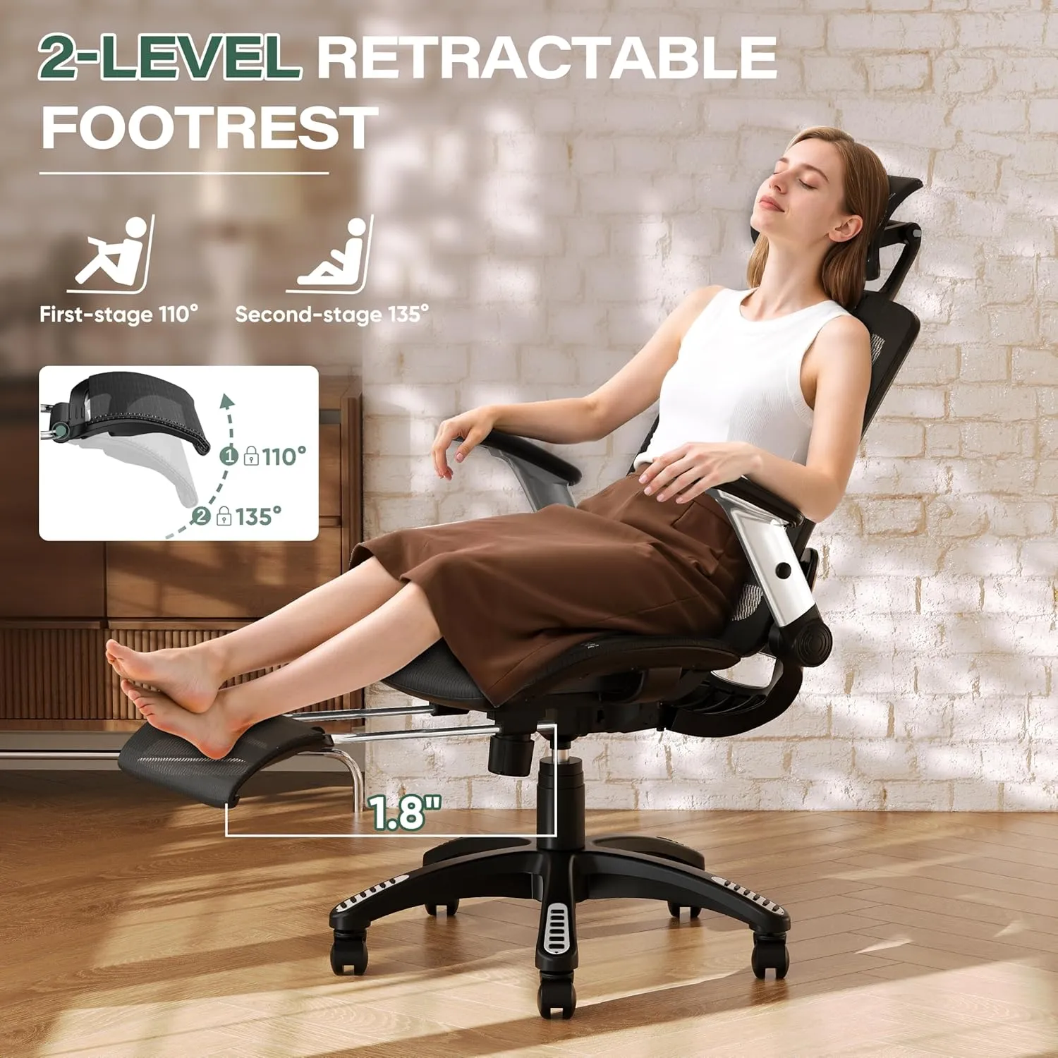 GABRYLLY Ergonomic Office Chair with Footrest, High Back Home Desk Chair - 3D Headrest, Flip-Up Arms, 135° Tilt and Wide Cushion, Heavy Duty Mesh Chairs for Task Computer Gaming,GYB01-FT