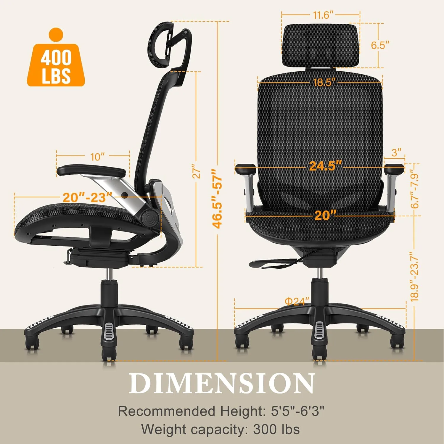 GABRYLLY Ergonomic Office Mesh Chair, High-Back Desk Chair with Sliding Seat, Adjustable Flip-up Armrest & 2D Headrest, 4-Gear Tilt Function, Swivel Computer Gaming Chairs for Man Woman