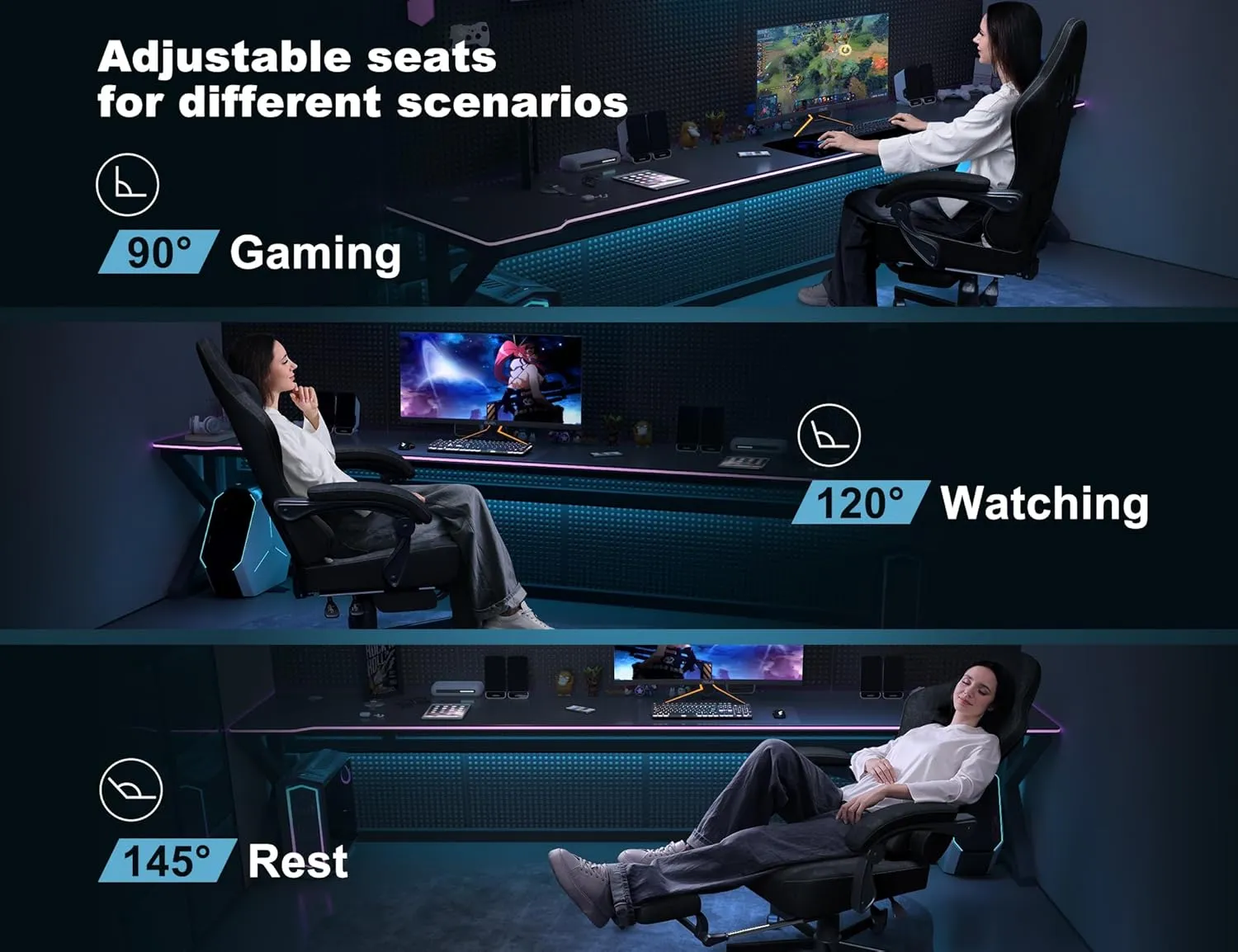 Gaming Chair Breathable Leather with Pocket Spring Cushion,Wide and High Ergonomic Office Chair with Headrest,Computer Gaming Chair with Footrest for Adult and Teen,Black