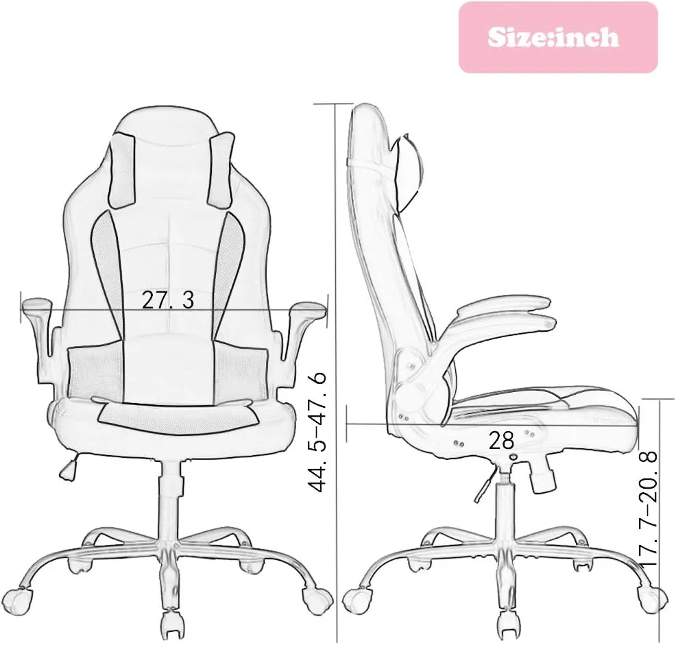 Gaming Chair Office Chair Desk Chair with Lumbar Support Flip Up Arms Headrest Swivel Rolling Adjustable PU Leather Racing Computer Chair for Girls,Pink