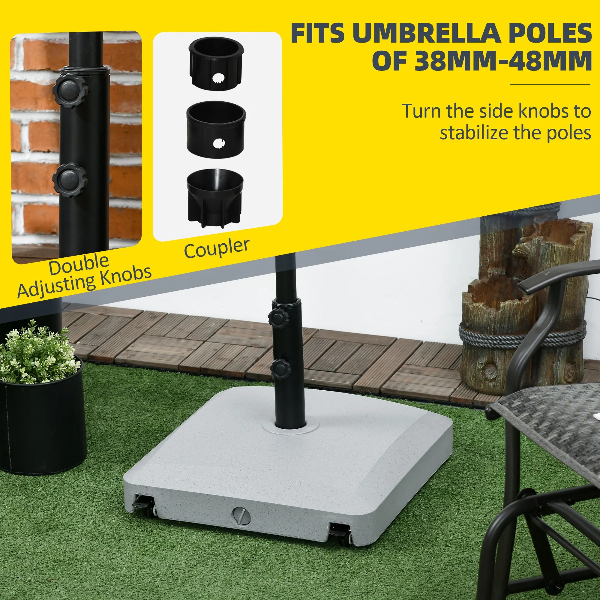 Garden Parasol Base Holder, 24kg Water or 30kg Sand Filled, Outdoor Market Umbrella Stand Weight with Wheels and Brakes, Grey