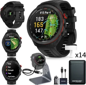 Garmin Approach S70 Golf Smartwatch | AMOLED Display | Shot Execution/Putt Alignment | Golfing System with Approach CT10 Full Kit, Club Tracking System (14 Sensors) and Signature Stand Power Bundle