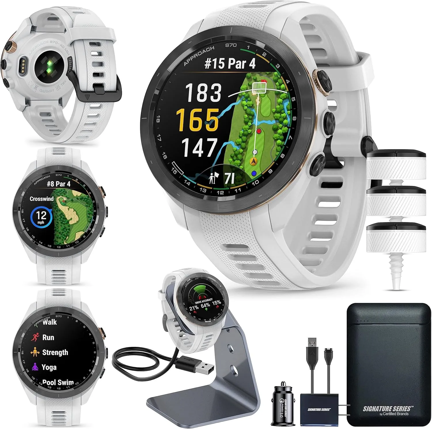 Garmin Approach S70 Golf Smartwatch | AMOLED Display | Shot Execution/Putt Alignment | Golfing System with Approach CT10 Starter Kit, Club Tracking System (3 Sensors) and Signature Stand Power Bundle